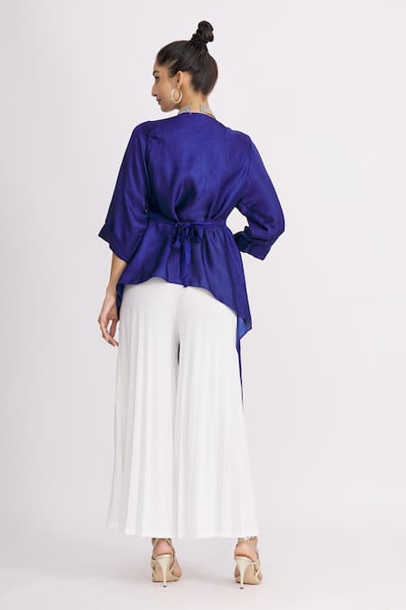 Shop_Harsh Harsh_Blue Dupion Silk Plain Open Draped Jacket  _at_Aza_Fashions