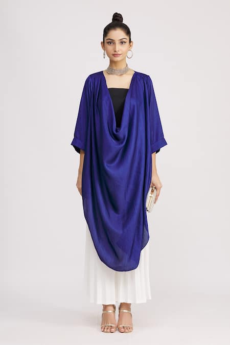 Harsh Harsh_Blue Dupion Silk Plain Open Draped Jacket  _Online_at_Aza_Fashions