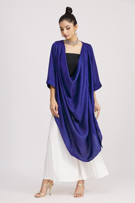 Buy_Harsh Harsh_Blue Dupion Silk Plain Open Draped Jacket  _Online_at_Aza_Fashions