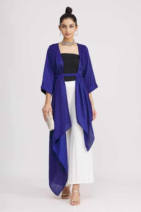 Shop_Harsh Harsh_Blue Dupion Silk Plain Open Draped Jacket  _Online_at_Aza_Fashions