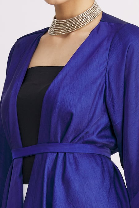 Harsh Harsh_Blue Dupion Silk Plain Open Draped Jacket  _at_Aza_Fashions