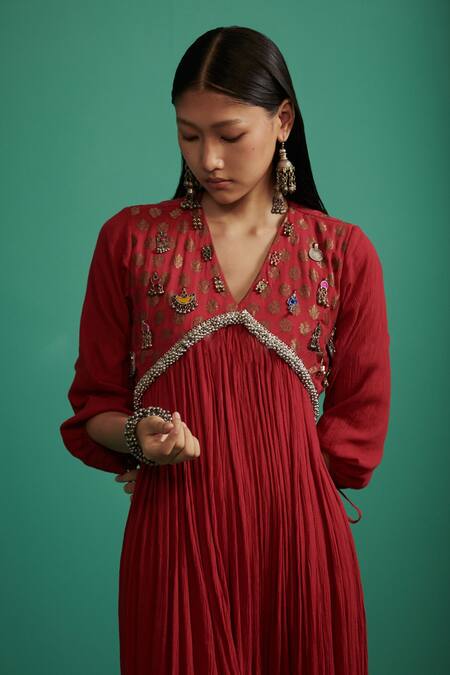 5elements Red 100% Cotton With Silk Brocade Yoke Woven Detail Anarkali And Pant Set Online at Aza Fashions 5elements_Red 100% Cotton With Silk Brocade Yoke Woven Detail Anarkali And Pant Set _Online_at_Aza_Fashions