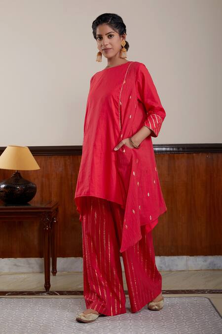 Buy_Kefi Collections_Red Cotton Gota Patti, Embroidery Round Hibiscus Asymmetric Kurta Palazzo Set_Online_at_Aza_Fashions