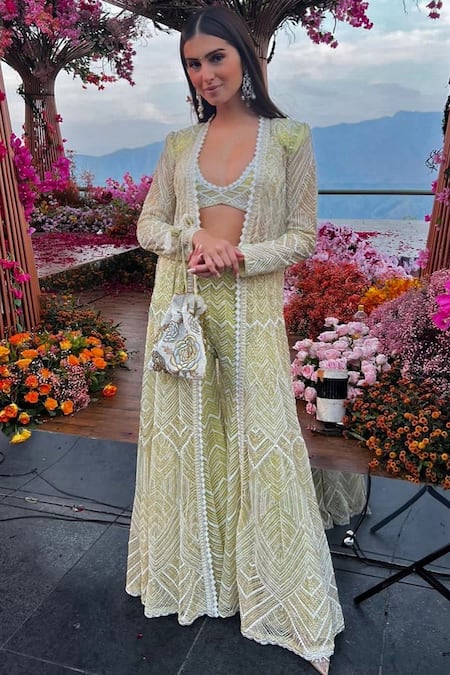 Shop_Ritika Mirchandani_Green Net, Crepe And Double Georgette Embroidered Long Jacket & Sharara Set _Online_at_Aza_Fashions