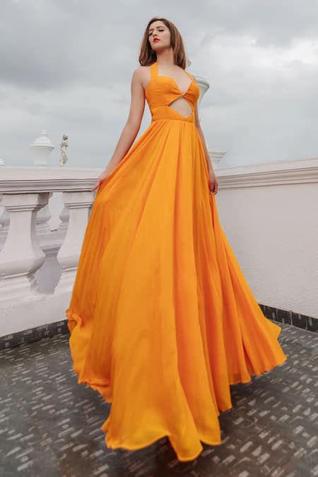 Pinup By Astha Orange Georgette Plain Plunge V Neck Pleated Gown 