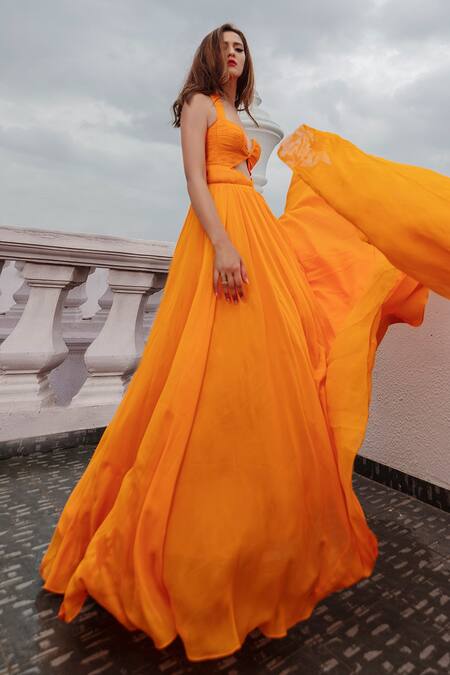 Off white and orange flared yoke maxi dress by The Anarkali Shop | The  Secret Label