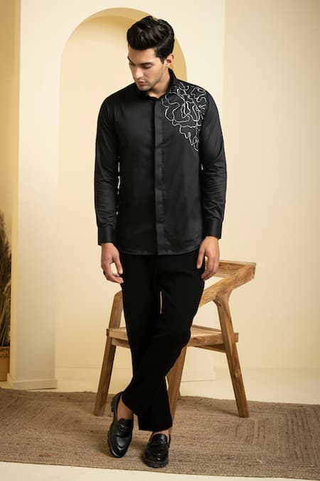 Hilo Design Black Cotton Satin Sequins, Embroidery Shirt Online at Aza Fashions Hilo Design_Black Cotton Satin Sequins, Embroidery Shirt _Online_at_Aza_Fashions