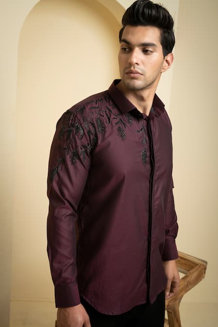 Hilo Design_Maroon Gabardine Embroidery Daze Placement Shirt _Online_at_Aza_Fashions