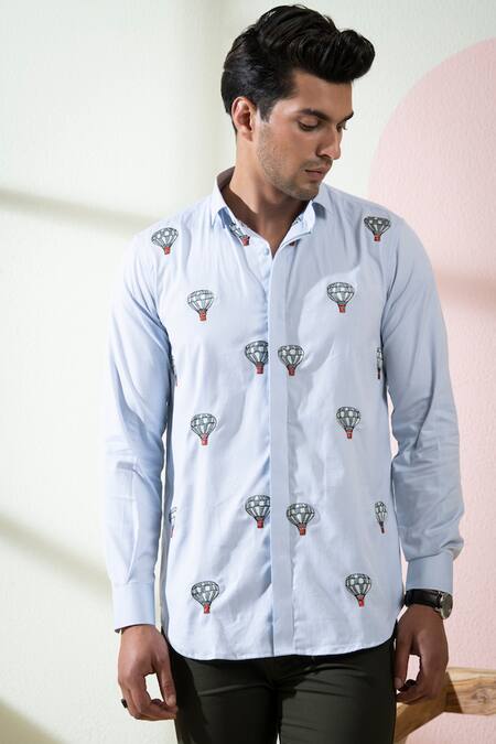 Buy_Hilo Design_Blue Oxford Embroidery Float Shirt_Online_at_Aza_Fashions