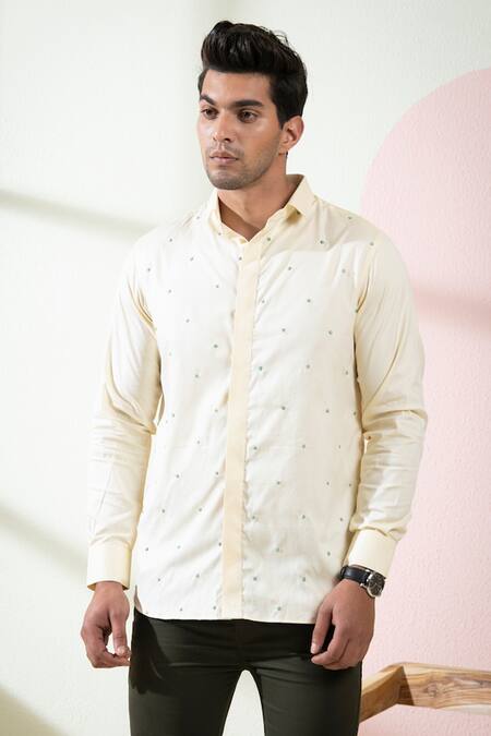 Hilo Design Beige Oxford Embroidery Dot Shirt Online at Aza Fashions Hilo Design_Beige Oxford Embroidery Dot Shirt_Online_at_Aza_Fashions
