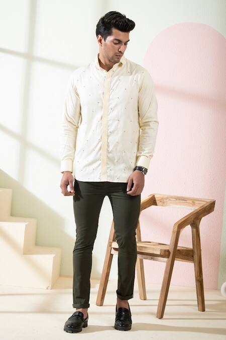 Buy Hilo Design Beige Oxford Embroidery Dot Shirt Online at Aza Fashions Buy_Hilo Design_Beige Oxford Embroidery Dot Shirt_Online_at_Aza_Fashions