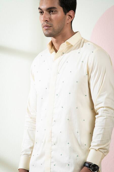 Shop Hilo Design Beige Oxford Embroidery Dot Shirt Online at Aza Fashions Shop_Hilo Design_Beige Oxford Embroidery Dot Shirt_Online_at_Aza_Fashions