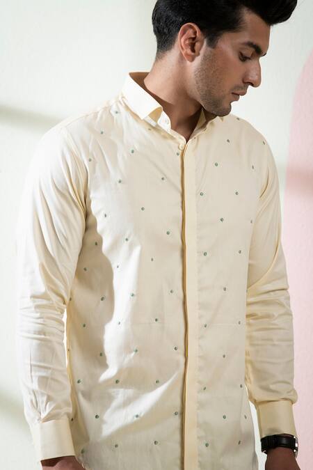 Hilo Design Beige Oxford Embroidery Dot Shirt at Aza Fashions Hilo Design_Beige Oxford Embroidery Dot Shirt_at_Aza_Fashions