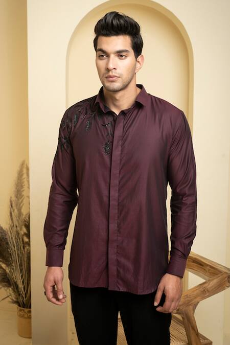 Buy_Hilo Design_Maroon Gabardine Embroidery Daze Placement Shirt _Online_at_Aza_Fashions