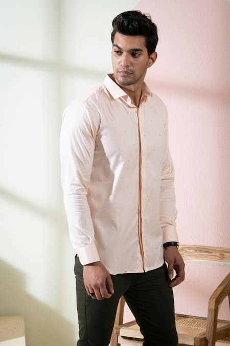Hilo Design_Peach Oxford Embroidery Stamo Dot Shirt_Online_at_Aza_Fashions