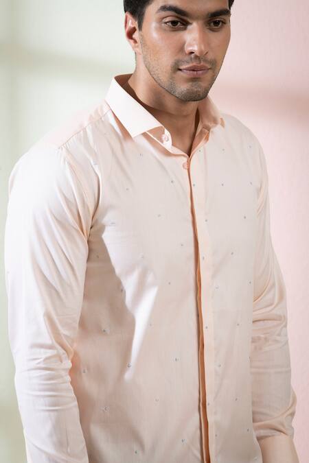 Buy_Hilo Design_Peach Oxford Embroidery Stamo Dot Shirt_Online_at_Aza_Fashions