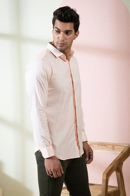 Shop_Hilo Design_Peach Oxford Embroidery Stamo Dot Shirt_Online_at_Aza_Fashions