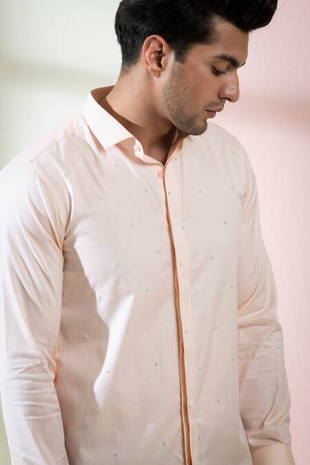 Hilo Design_Peach Oxford Embroidery Stamo Dot Shirt_at_Aza_Fashions