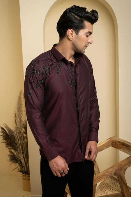 Shop_Hilo Design_Maroon Gabardine Embroidery Daze Placement Shirt _Online_at_Aza_Fashions