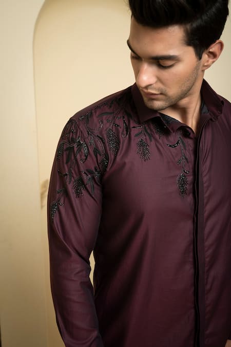 Hilo Design_Maroon Gabardine Embroidery Daze Placement Shirt _at_Aza_Fashions