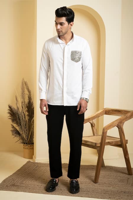 Hilo Design_White Cotton Satin Embroidery Elnor Shirt_Online_at_Aza_Fashions