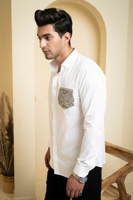 Shop_Hilo Design_White Cotton Satin Embroidery Elnor Shirt_Online_at_Aza_Fashions