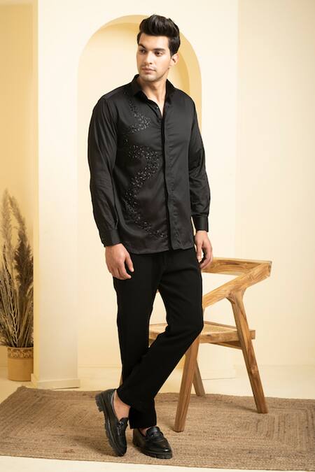Hilo Design Black Cotton Satin Cut Work Awel Shirt Online at Aza Fashions Hilo Design_Black Cotton Satin Cut Work Awel Shirt _Online_at_Aza_Fashions