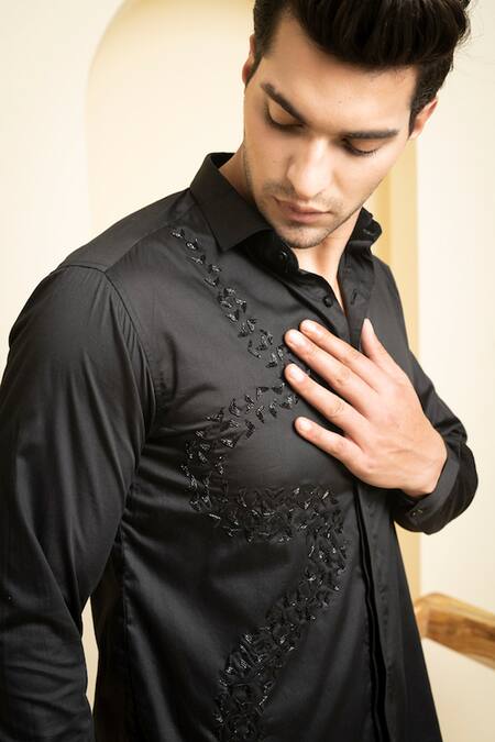 Hilo Design Black Cotton Satin Cut Work Awel Shirt at Aza Fashions Hilo Design_Black Cotton Satin Cut Work Awel Shirt _at_Aza_Fashions