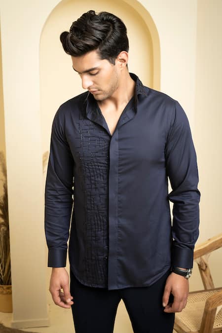 Hilo Design_Blue Cut Work Navy Cutdana Embroidered Shirt _Online_at_Aza_Fashions