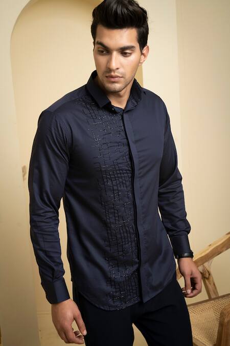 Shop_Hilo Design_Blue Cut Work Navy Cutdana Embroidered Shirt _Online_at_Aza_Fashions