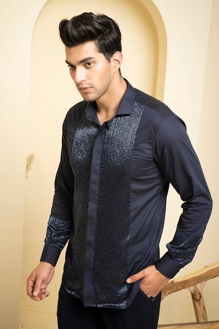 Hilo Design_Navy Cotton Satin Embroidery Metallic Stripe Shirt_Online_at_Aza_Fashions