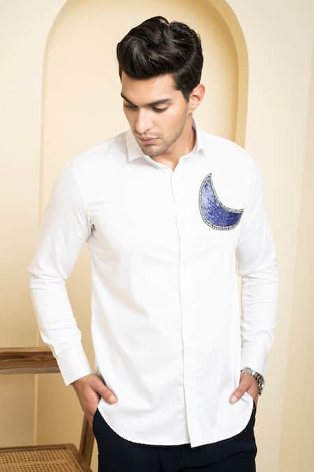 Hilo Design_White Cotton Satin Embroidery Moon Shirt_Online_at_Aza_Fashions