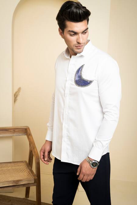 Buy_Hilo Design_White Cotton Satin Embroidery Moon Shirt_Online_at_Aza_Fashions