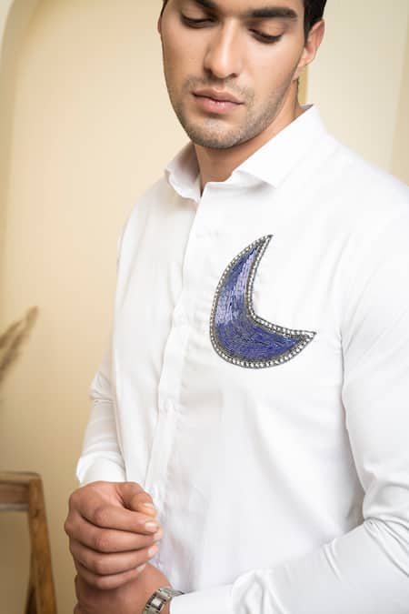 Shop_Hilo Design_White Cotton Satin Embroidery Moon Shirt_Online_at_Aza_Fashions
