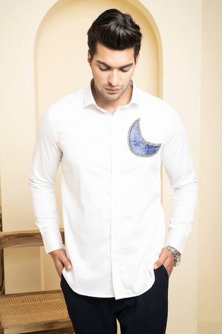Hilo Design_White Cotton Satin Embroidery Moon Shirt_at_Aza_Fashions