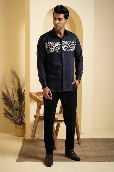 Hilo Design_Navy Cotton Satin Embroidery Metallic Stripe Shirt_at_Aza_Fashions