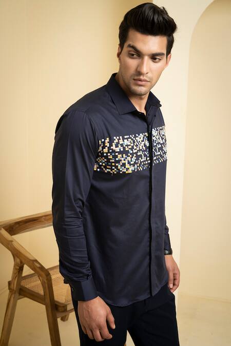 Hilo Design_Blue Cotton Embroidery Thread Casual Shirt_Online_at_Aza_Fashions