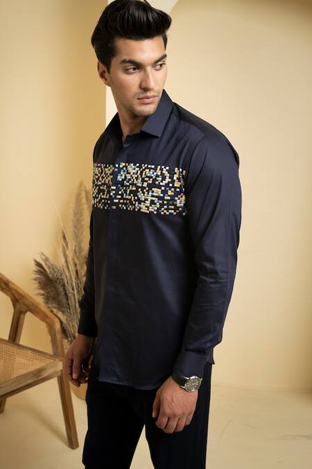 Buy_Hilo Design_Blue Cotton Embroidery Thread Casual Shirt_Online_at_Aza_Fashions
