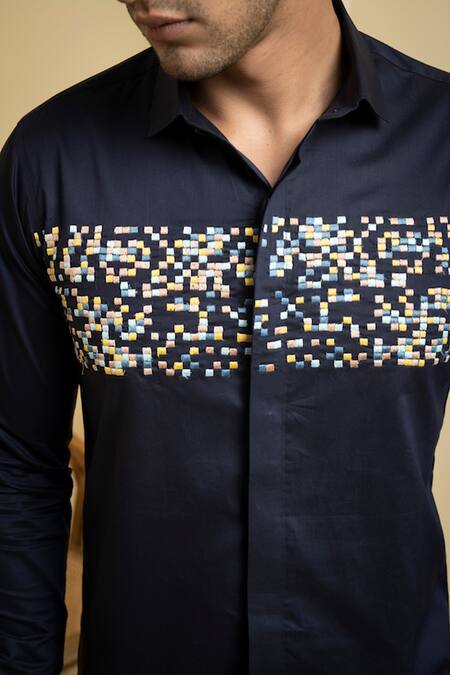 Shop_Hilo Design_Blue Cotton Embroidery Thread Casual Shirt_Online_at_Aza_Fashions