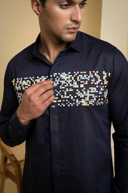 Hilo Design_Blue Cotton Embroidery Thread Casual Shirt_at_Aza_Fashions