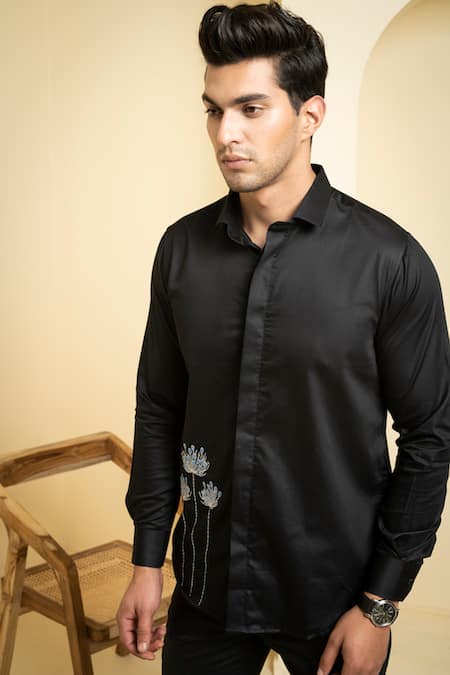 Hilo Design Black Cotton Satin Embroidery Flower Shirt Online at Aza Fashions Hilo Design_Black Cotton Satin Embroidery Flower Shirt _Online_at_Aza_Fashions