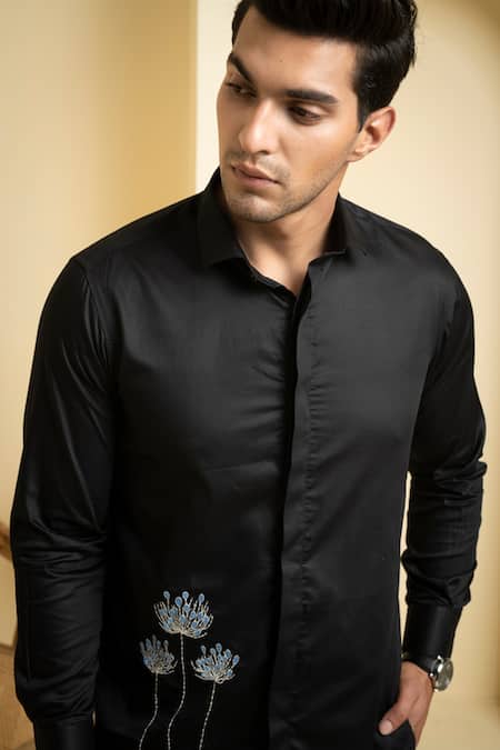 Shop Hilo Design Black Cotton Satin Embroidery Flower Shirt Online at Aza Fashions Shop_Hilo Design_Black Cotton Satin Embroidery Flower Shirt _Online_at_Aza_Fashions