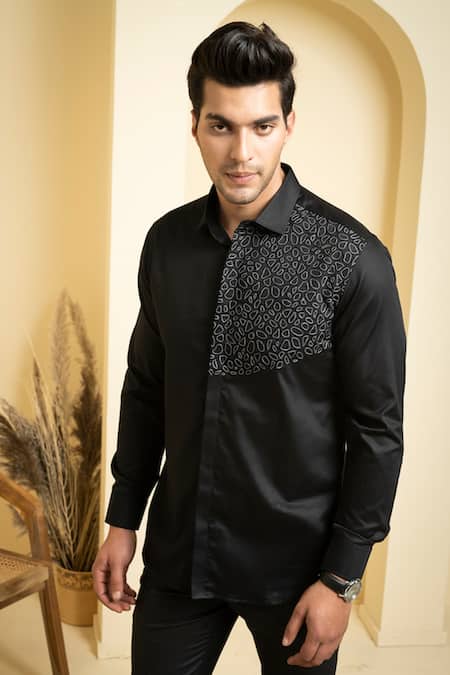 Hilo Design_Black Cotton Satin Embroidery Distorted Shirt _Online_at_Aza_Fashions