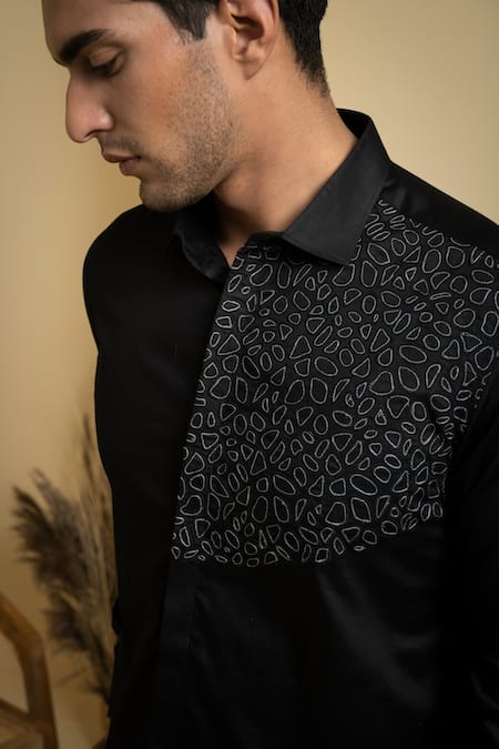 Buy_Hilo Design_Black Cotton Satin Embroidery Distorted Shirt _Online_at_Aza_Fashions