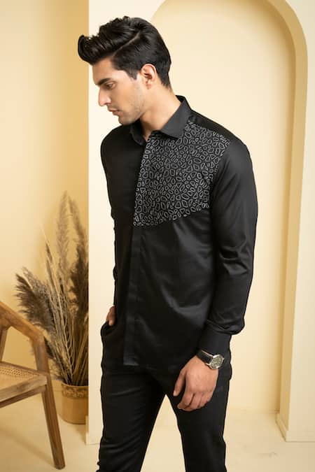 Shop_Hilo Design_Black Cotton Satin Embroidery Distorted Shirt _Online_at_Aza_Fashions