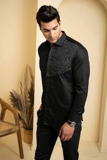 Hilo Design_Black Cotton Satin Embroidery Distorted Shirt _at_Aza_Fashions