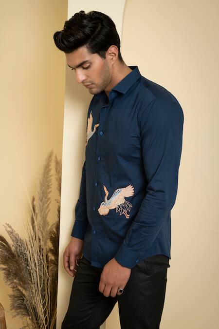 Hilo Design_Navy Lycra Embroidery Crane Poplin Shirt _Online_at_Aza_Fashions