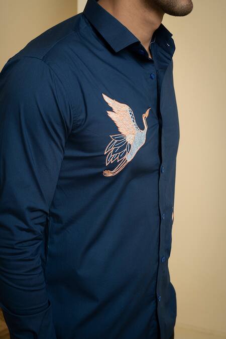 Shop_Hilo Design_Navy Lycra Embroidery Crane Poplin Shirt _Online_at_Aza_Fashions