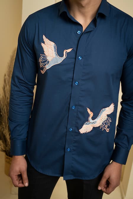 Hilo Design_Navy Lycra Embroidery Crane Poplin Shirt _at_Aza_Fashions