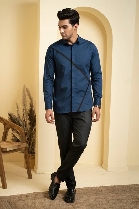 Hilo Design_Blue Poplin, Lycra Cross Reim Shirt _at_Aza_Fashions